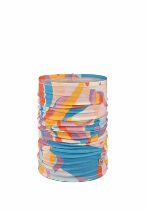 Bufanda tubular de tela multicolor con patrones abstractos en azul, naranja, amarillo y púrpura, con una pequeña etiqueta con el logo de la marca cerca de la parte inferior.