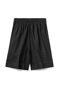 Černé lněné šortky s elastickým pasem, plisovaným designem a ohrnutým lemem. Lehká tkanina s hladkou texturou.