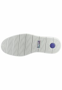 Sola di scarpa in gomma bianca con un motivo di trazione ondulato, presenta un'etichetta con il marchio al centro e un piccolo accento circolare di colore viola.