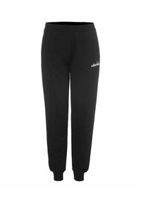 Pantalones de chándal negros hechos de una tela suave, con un diseño de pernera ajustada, cintura elástica y un pequeño logotipo blanco en el muslo izquierdo.