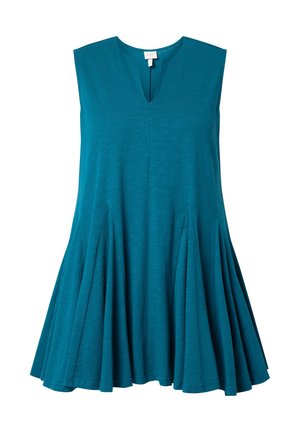 Sukienka bez rękawów w kolorze zielonkawoniebieskim z dekoltem w szpic i rozkloszowaną plisowaną spódnicą, wykonana z lekkiego materiału.