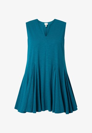 Abito senza maniche turchese con scollo a V e gonna svasata plissettata, realizzato in tessuto leggero.