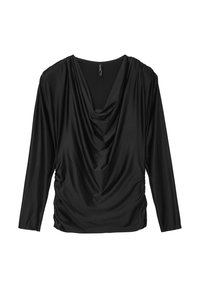 Schwarzes Langarmoberteil mit drapiertem Schalkragen. Hergestellt aus glattem, dehnbarem Stoff mit seitlichen Rüschen für einen figurbetonten Look.