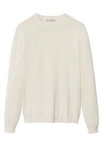 Suéter de punto ligero color crema con mangas largas, cuello redondo y dobladillo acanalado. Textura suave y diseño minimalista.