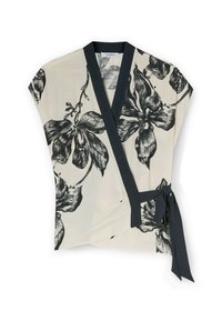 Haut en tissu crème avec un imprimé floral noir, présentant un bord bleu foncé le long du col en V et une fermeture à nouer sur le côté.