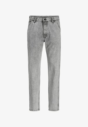 Harmaat farkut suoraan lahkeella, joissa on nappisulku, vyölenkit ja hillitty tekstuuri. Ei näkyviä taskuja.