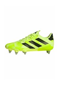 Chaussure de football vert citron avec des accents de rayures noires, tige en synthétique, surface texturée et six crampons moulés pour l'adhérence.
