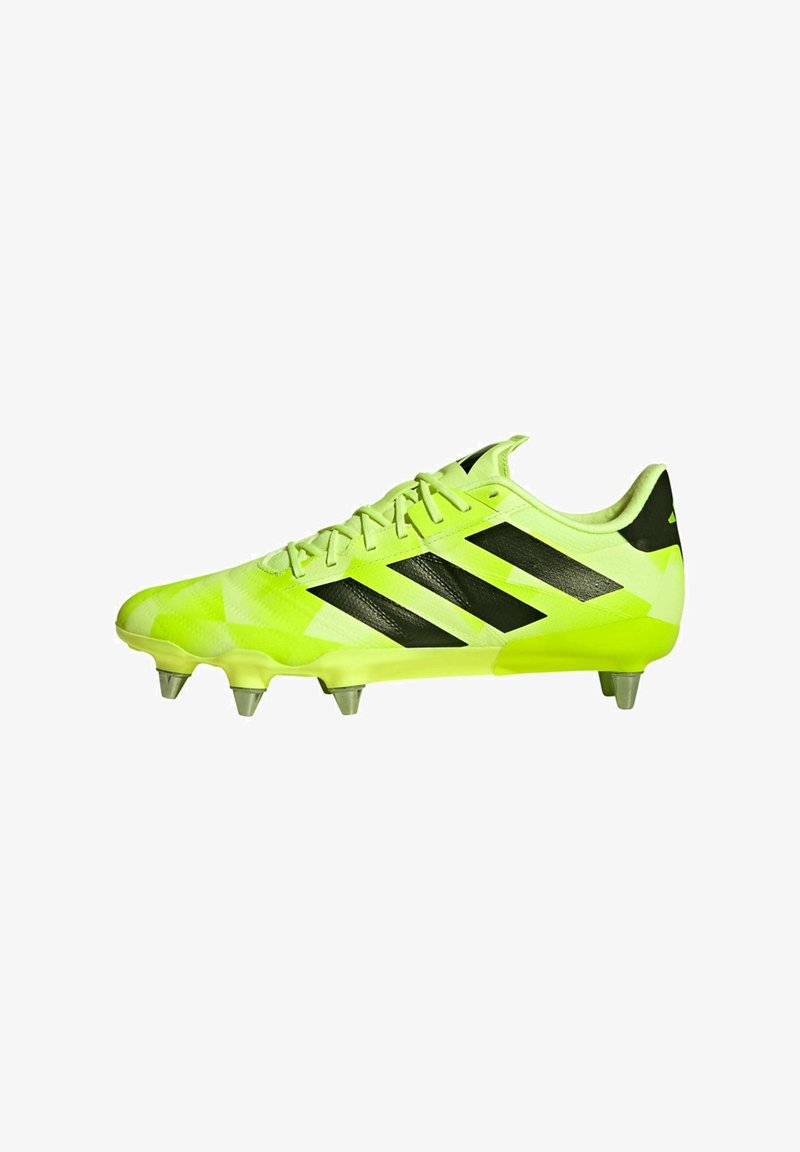 Lime green football boot with black stripe accents, synthetic upper, textured surface, and six molded studs for traction.