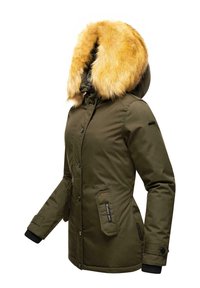 Olive green parka jacket with a detachable yellow fur-lined hood, snap buttons, side pockets, and ribbed cuffs. Features a textured fabric.