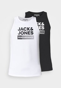 Deux débardeurs en coton sans manches en blanc et noir, présentant un texte audacieux "JACK & JONES PERFORMANCE" et un design à encolure ronde.
