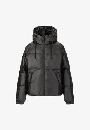 Mustat puffatakki hupulla, jossa on vetoketju edessä, joustavat hihansuut ja kiiltävä, tilkkupintainen rakenne. Kevyt ja eristetty muotoilu.