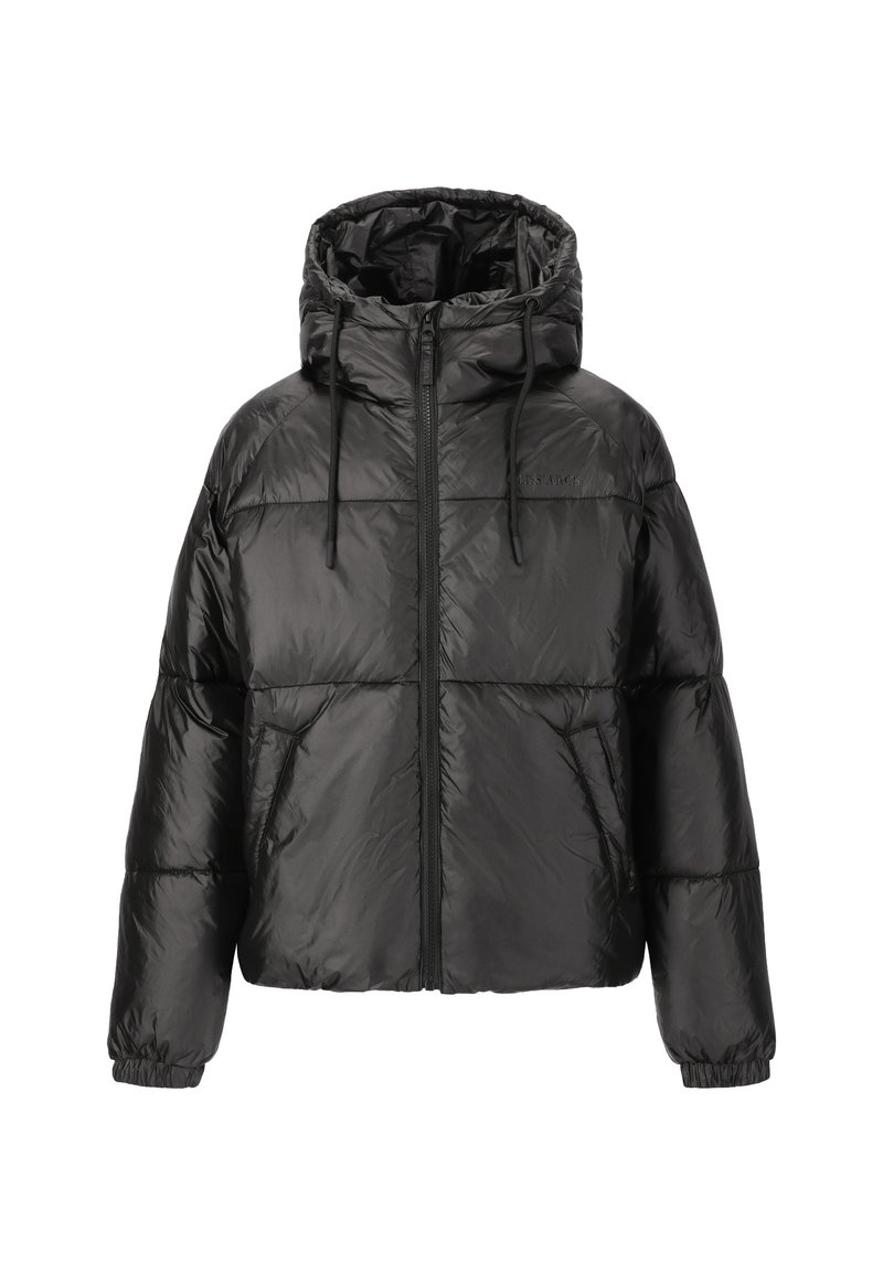 Sort pufferjakke med hætte, der har lynlås foran, elastiske manchetter og en blank, quiltet overflade. Letvægts og isoleret design.