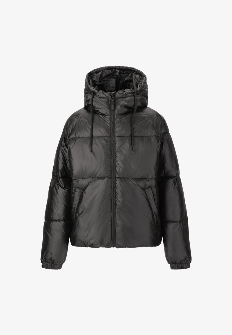 Sort pufferjakke med hætte, der har lynlås foran, elastiske manchetter og en blank, quiltet overflade. Letvægts og isoleret design.