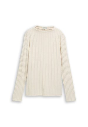 Top a maniche lunghe a righe in beige chiaro, con scollatura tonda e linea dritta, realizzato in tessuto morbido con una finitura texturizzata.