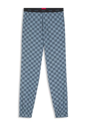 Pantaloni del pigiama blu con un motivo a logo ripetuto in un blu più chiaro. Vita elastica con dettagli neri e rossi. Vestibilità standard con gambe affusolate.