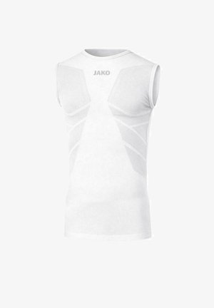 Maglietta tecnica bianca senza maniche con pannelli in mesh e logo "JAKO" sul petto, progettata per l'abbigliamento sportivo.