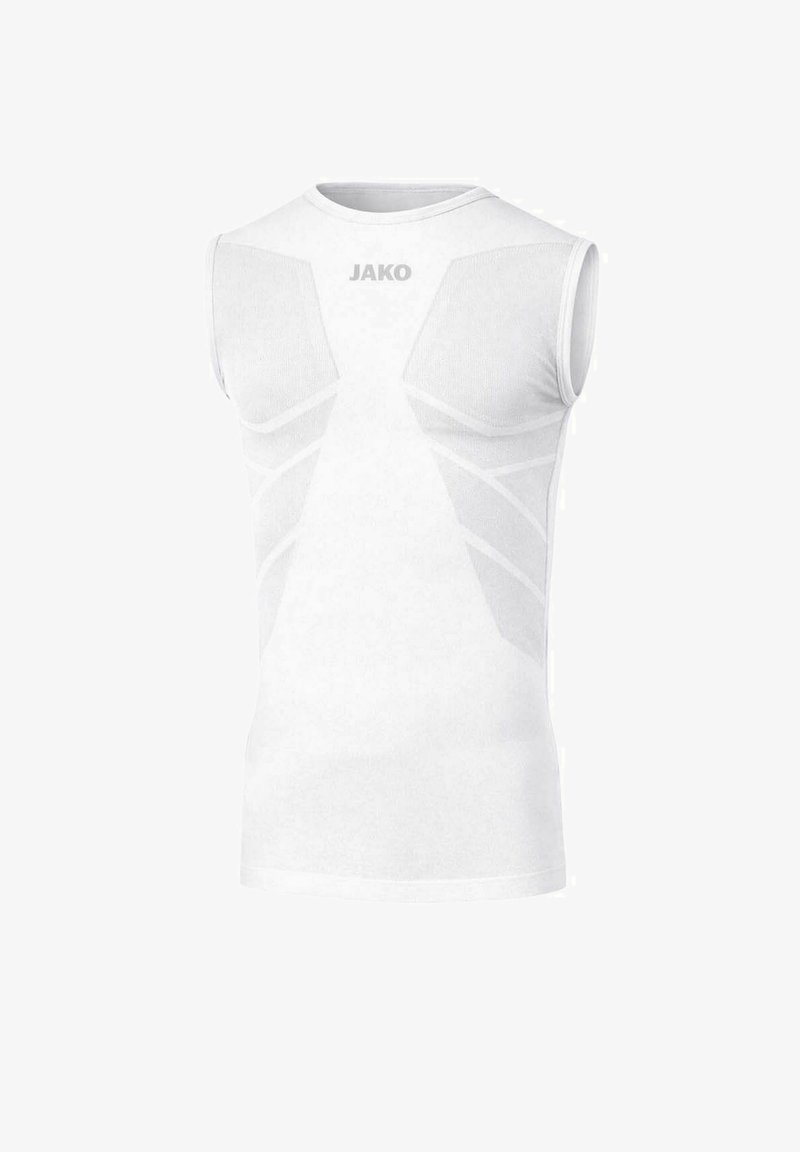 Maillot de compression athlétique sans manches blanc avec panneaux en maille et logo "JAKO" sur la poitrine, conçu pour les vêtements de sport.