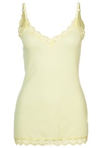 Ljust gul, ribbad linne med delikat spetskant längs halsringning och fåll. Utrustad med justerbara band och en figurnära design.