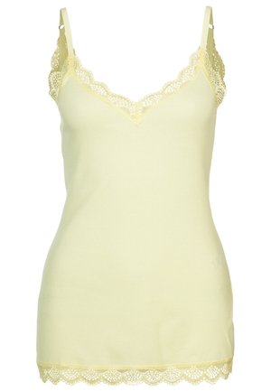 Light yellow, ribbed camisole with delicate lace trim along the neckline and hem. Features adjustable straps and a fitted design.