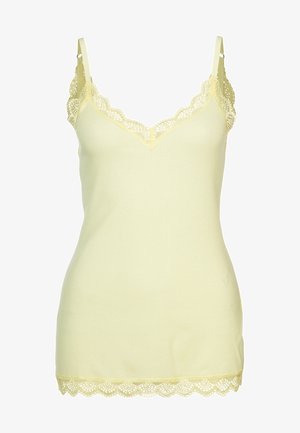 Jasnożółta, prążkowana koszulka bez rękawów z delikatnym koronkowym wykończeniem wzdłuż dekoltu i dołu. Posiada regulowane ramiączka i dopasowany krój.
