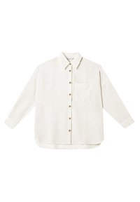 White corduroy shirt with a button-down collar, front pocket, and brown buttons along the placket. Long sleeves with cuffed ends.