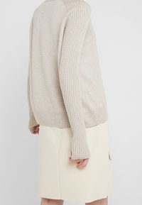 Maglione beige a maglia con maniche e orlo a costine, abbinato a una gonna color crema, lunghezza al ginocchio. Tessuto liscio, design casual.