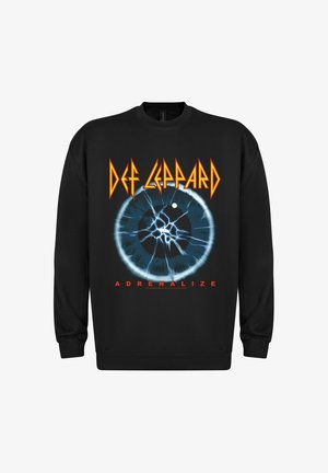 Schwarzer Sweatshirt mit "Def Leppard" in Orange, einer blauen Grafik eines Auges und "ADRENALIZE" in Rot darunter. Weicher Stoff, Rundhalsausschnitt.
