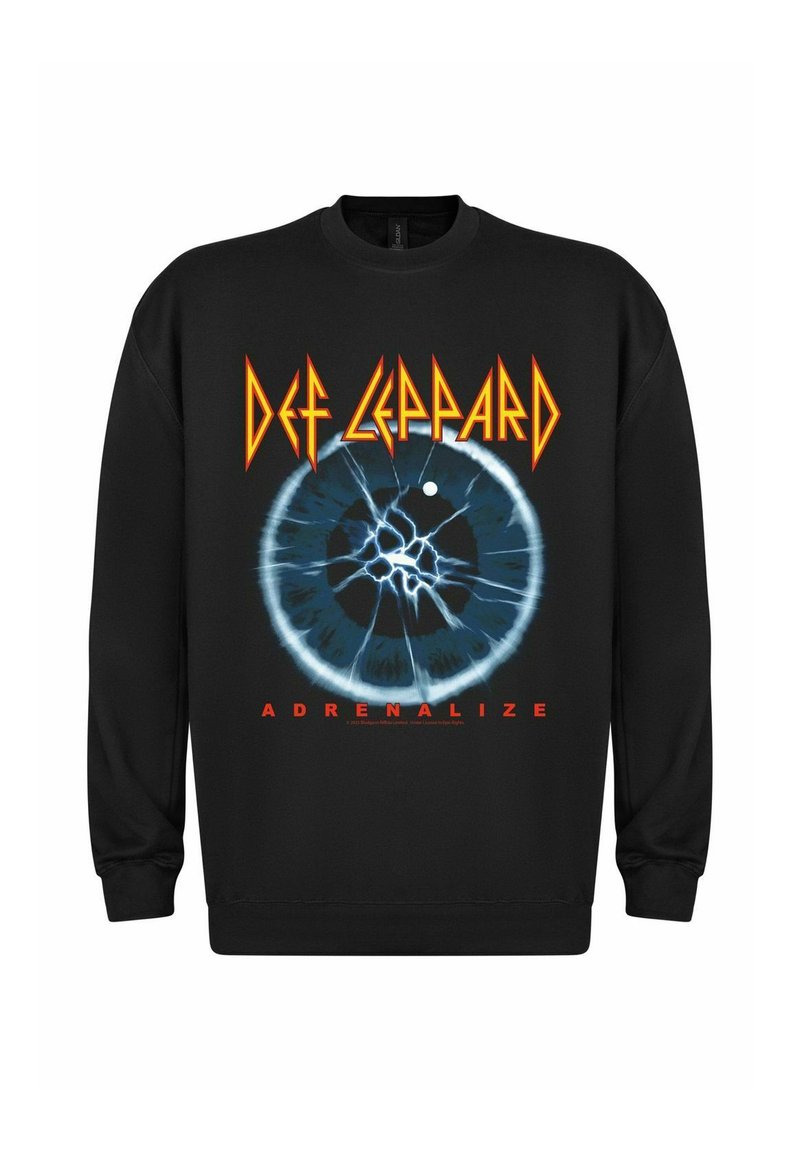 Zwarte sweatshirt met "Def Leppard" in oranje, met een blauwe afbeelding van een oog en "ADRENALIZE" in rood eronder. Zachte stof, crew neck ontwerp.
