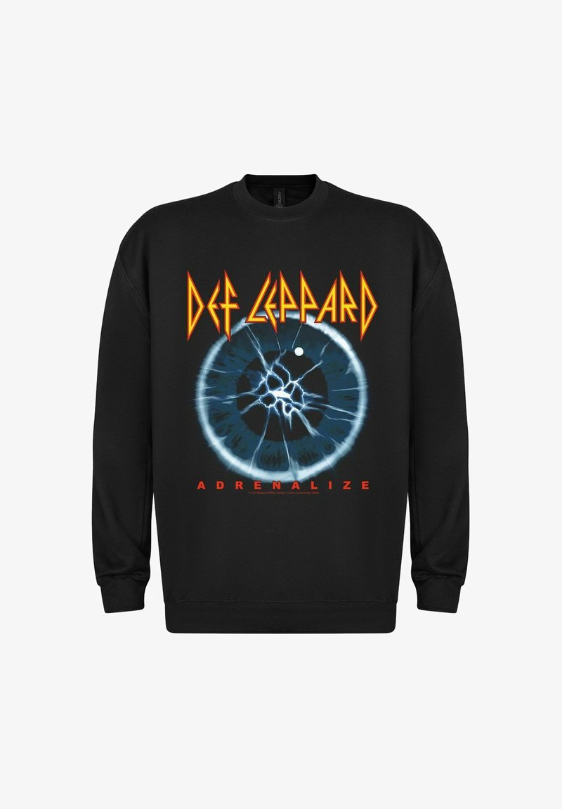 Zwarte sweatshirt met "Def Leppard" in oranje, met een blauwe afbeelding van een oog en "ADRENALIZE" in rood eronder. Zachte stof, crew neck ontwerp.