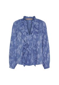 Lyseblå bluse med lange ærmer, flæsekant ved halsudskæringen, blomsterprint og tekstureret stof. Har knapmanchetter og en V-udskæring.