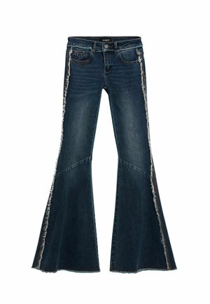Donkerblauwe denim flare jeans met een verweerde zijpaneel met rafelige randen, schuine naden en decoratieve stiksel nabij de zakken.
