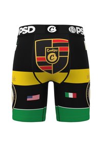 Black boxer briefs with a patterned design featuring yellow and green accents, a shield logo, and flag motifs from the USA and Italy.