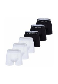 Cinque paia di boxer da uomo in bianco e nero, con cintura elastica riportante il nome del marchio. Tessuto morbido e elasticizzato.