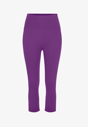 Leggings viola fino al ginocchio con una vita alta, realizzati in un tessuto elasticizzato, caratterizzati da una trama liscia e senza motivi o accenti visibili.