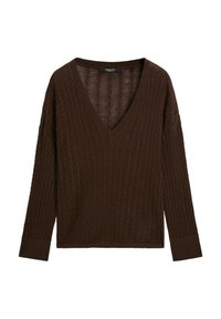 Brun strikket sweater med V-hals, lange ærmer og kabelstrikket tekstur. Har et blødt, hyggeligt materiale og ribbede manchetter.