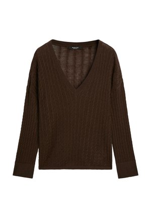 Maglione marrone lavorato a maglia con scollo a V, maniche lunghe e texture a trecce. Caratterizzato da un materiale morbido e accogliente e polsini a coste.