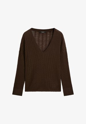 Brązowy sweter robiony na drutach z dekoltem w kształcie litery V, długimi rękawami i teksturą w warkocze. Wykonany z miękkiego, przytulnego materiału oraz posiada ściągacze na mankietach.