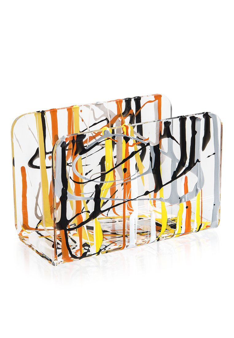 Porte-documents en acrylique transparent avec des rayures verticales en noir, orange, jaune et gris, affichant un design rectangulaire et une texture lisse.