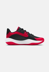 Black and red athletic shoe with a textured upper, sleek design, white midsole, and a patterned rubber outsole for traction.