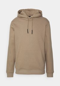 Hooded sweatshirt in beige fabric, featuring a front pouch pocket, adjustable drawstrings, and ribbed cuffs and hem. Soft texture.