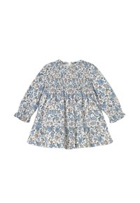 Vestido floral con corpiño fruncido, mangas largas y falda acampanada. Los colores incluyen azul, crema y marrón con un patrón floral.