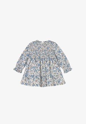 Vestido floral con corpiño fruncido, mangas largas y falda acampanada. Los colores incluyen azul, crema y marrón con un patrón floral.