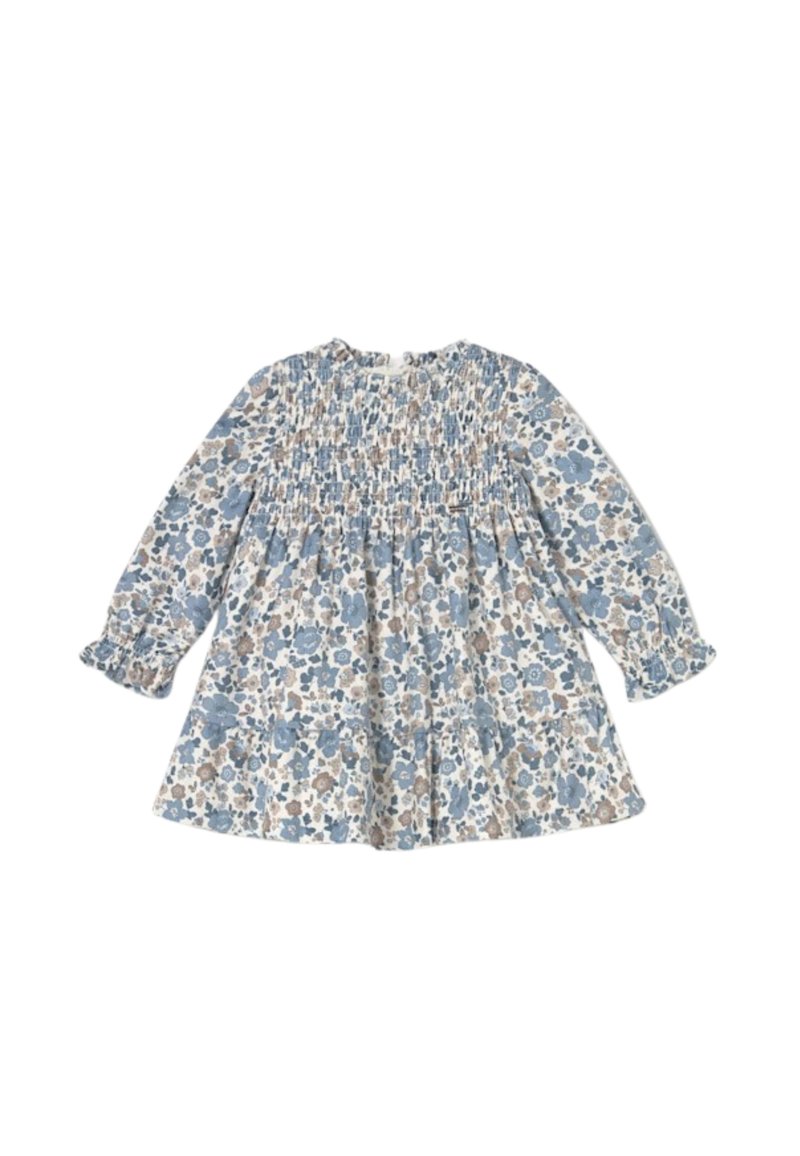 Vestido floral con corpiño fruncido, mangas largas y falda acampanada. Los colores incluyen azul, crema y marrón con un patrón floral.