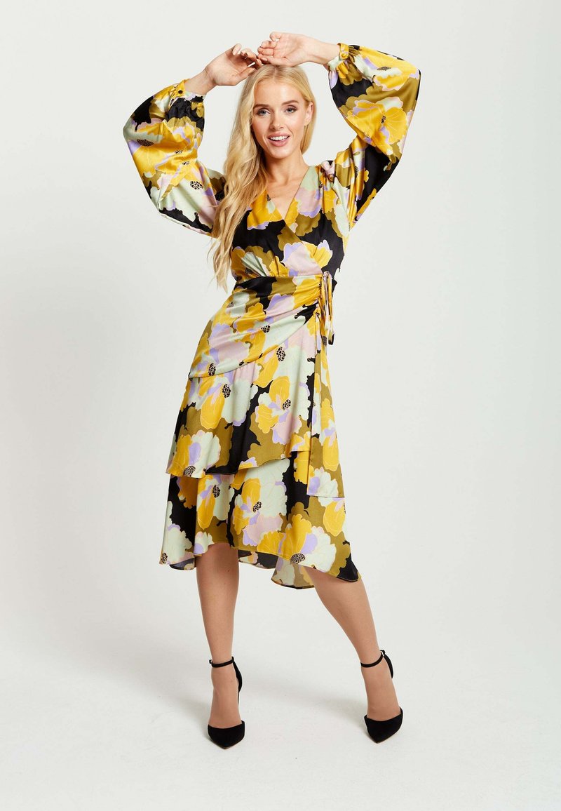 Liquorish EARTH TONE FLORAL PRINT MIDI WRAP WITH FRILL DET - Day dress - black