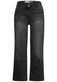 Black wide-leg jeans made of denim, featuring a button closure, front pockets, and subtle stitching details. Smooth texture and classic design.
