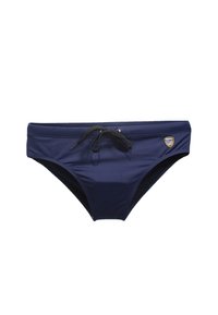 Costume da bagno blu navy con coulisse nera, caratterizzato da una piccola toppa con il logo sul lato e un tessuto liscio ed elastico per il massimo comfort.