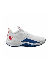 Zapatilla deportiva blanca con parte superior de malla, acentos azules, logo rojo, suela texturizada y un cuello acolchado para mayor soporte.