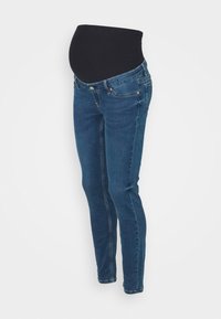 Calças de maternidade em denim azul-escuro com um cós elástico preto alto. Design ajustado, estilo de cinco bolsos, fecho frontal com botão, ligeira elasticidade.