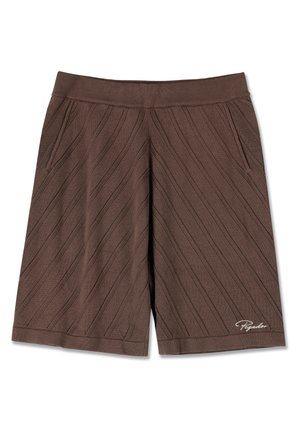 Brown shorts featuring a textured design with diagonal stripes, elastic waistband, and two side pockets. Includes a small logo on the hem.