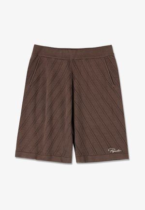 Pruunid lühikesed püksid, millel on tekstureeritud disain diagonaalsete triipudega, elastne vöökoht ja kaks küljetaskut. Küljepoolses osas on väike logo.